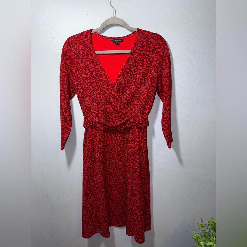 Land's End womens Red Ruched Midi Fit & Flare Dress V-neck 3/4 Sleeve XS EUC